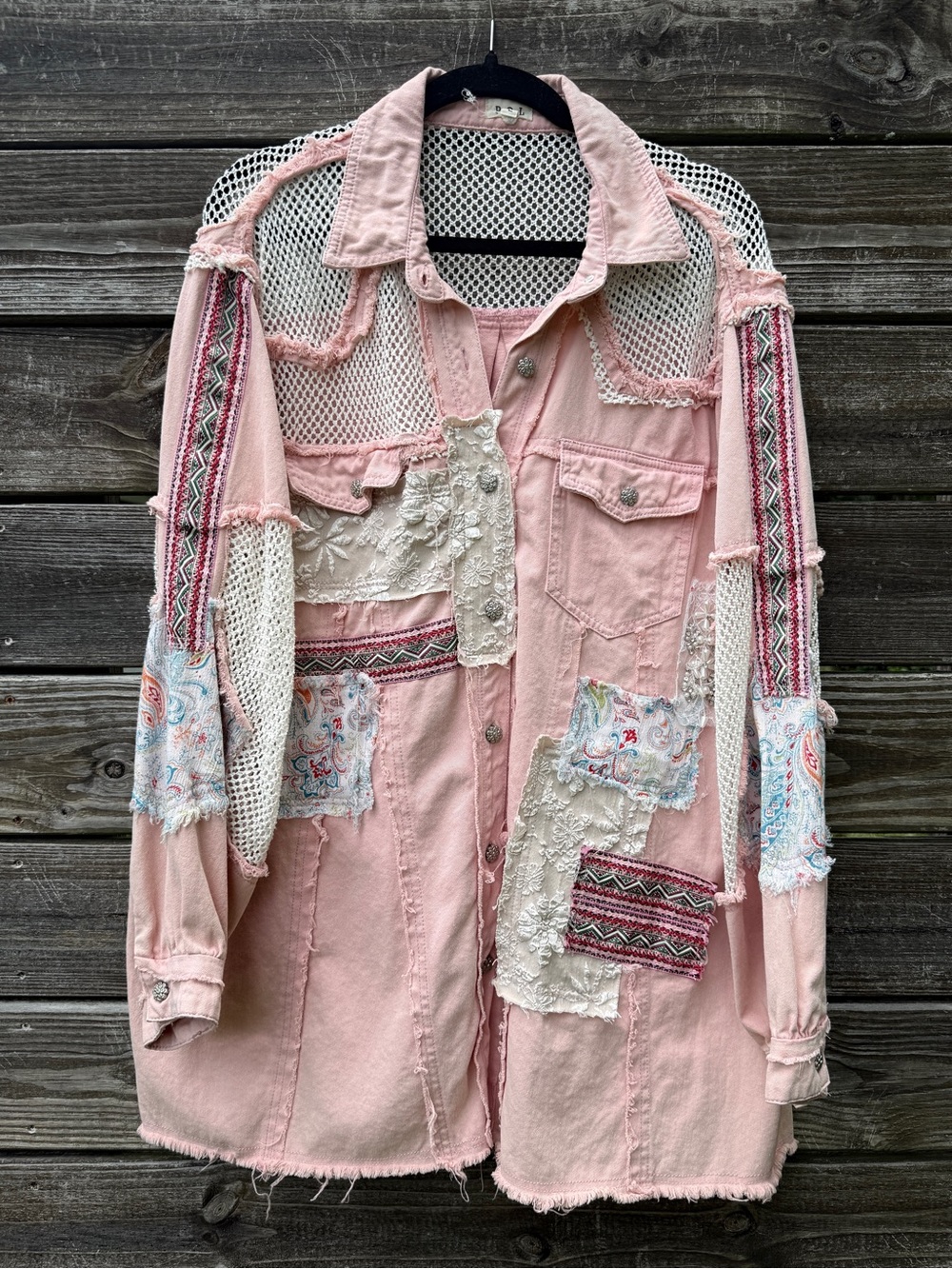 POL Womens Large Pink Patchwork Lace Shacket Jacket Raw Hem Distressed Boho Mesh - Picture 2 of 10